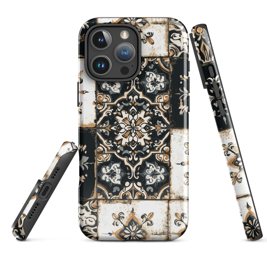 Moroccan tile pattern phone case in black, white, and gold tones with vintage-inspired design.