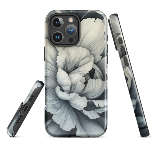 Black and white floral phone case featuring a soft, moody peony design by New Zealand artist Ben Hart.