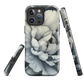 Black and white floral phone case featuring a soft, moody peony design by New Zealand artist Ben Hart.