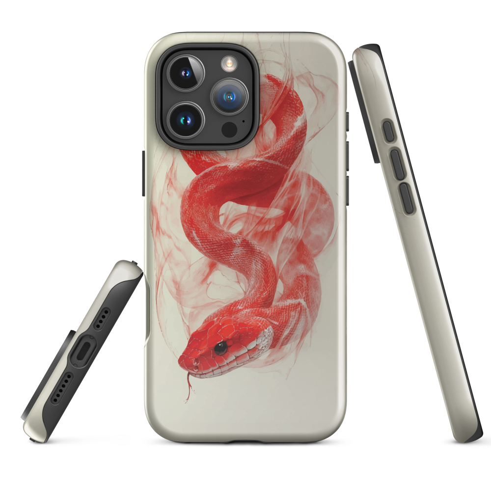 Phone case with red snake design on a cream background, coiled in smoky detail. Bold artwork by NZ designer Ben Hart.