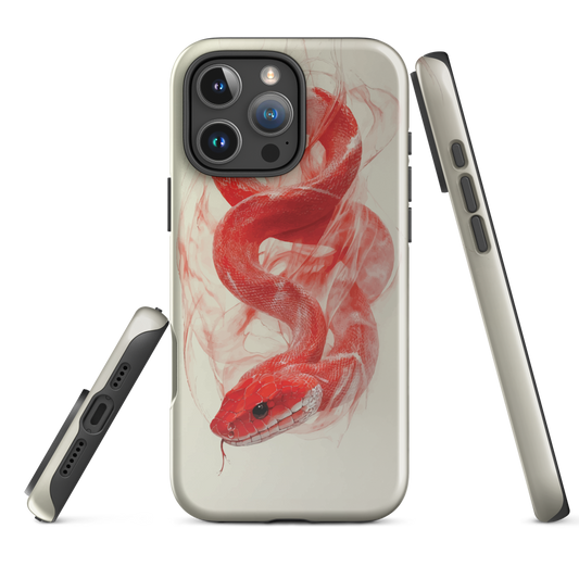 Phone case with red snake design on a cream background, coiled in smoky detail. Bold artwork by NZ designer Ben Hart.