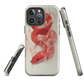 Phone case with red snake design on a cream background, coiled in smoky detail. Bold artwork by NZ designer Ben Hart.