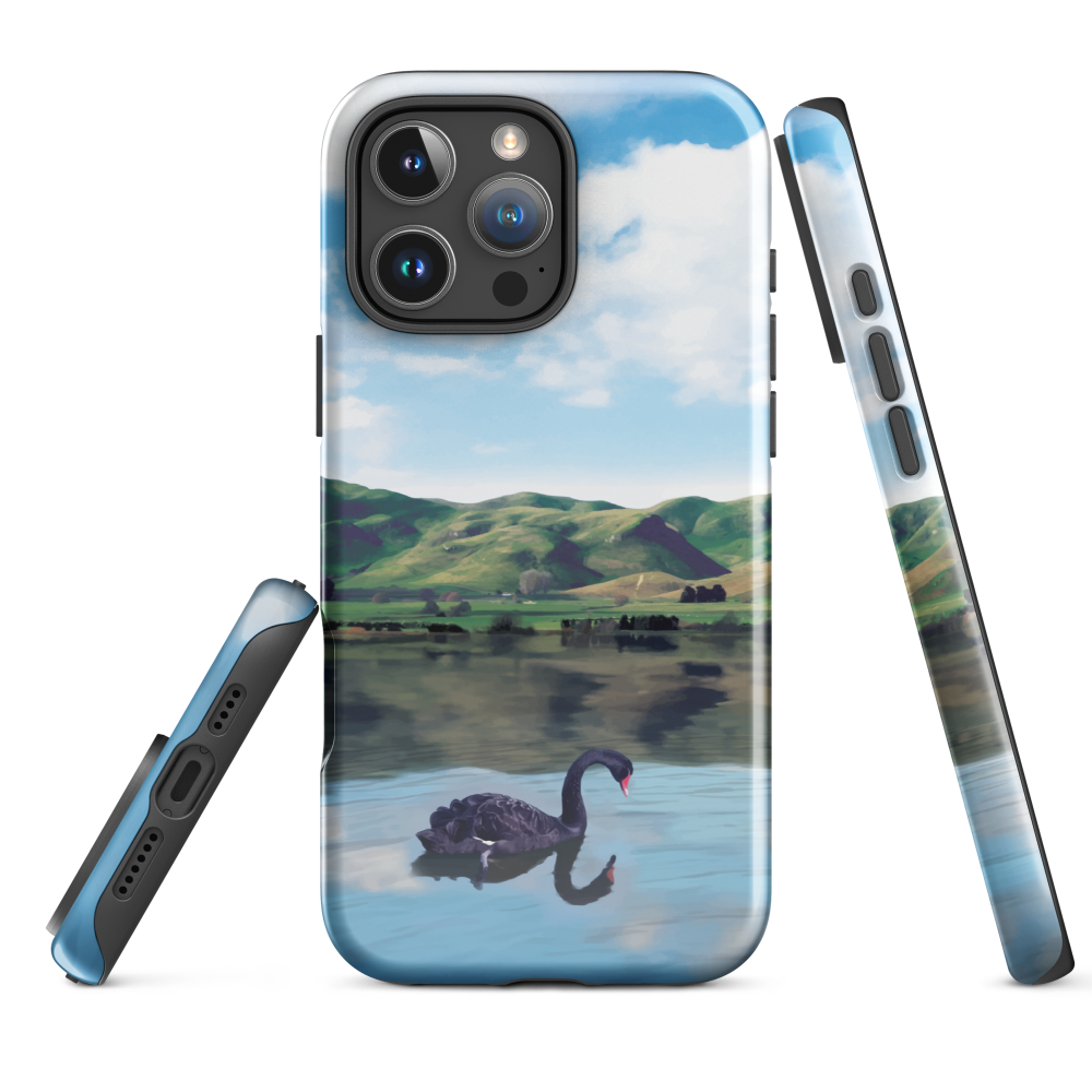 Phone case with a black swan on a calm lake, New Zealand hills in the background. Art by NZ designer Ben Hart.