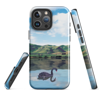 Phone case with a black swan on a calm lake, New Zealand hills in the background. Art by NZ designer Ben Hart.