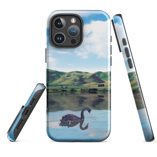 Phone case with a black swan on a calm lake, New Zealand hills in the background. Art by NZ designer Ben Hart.