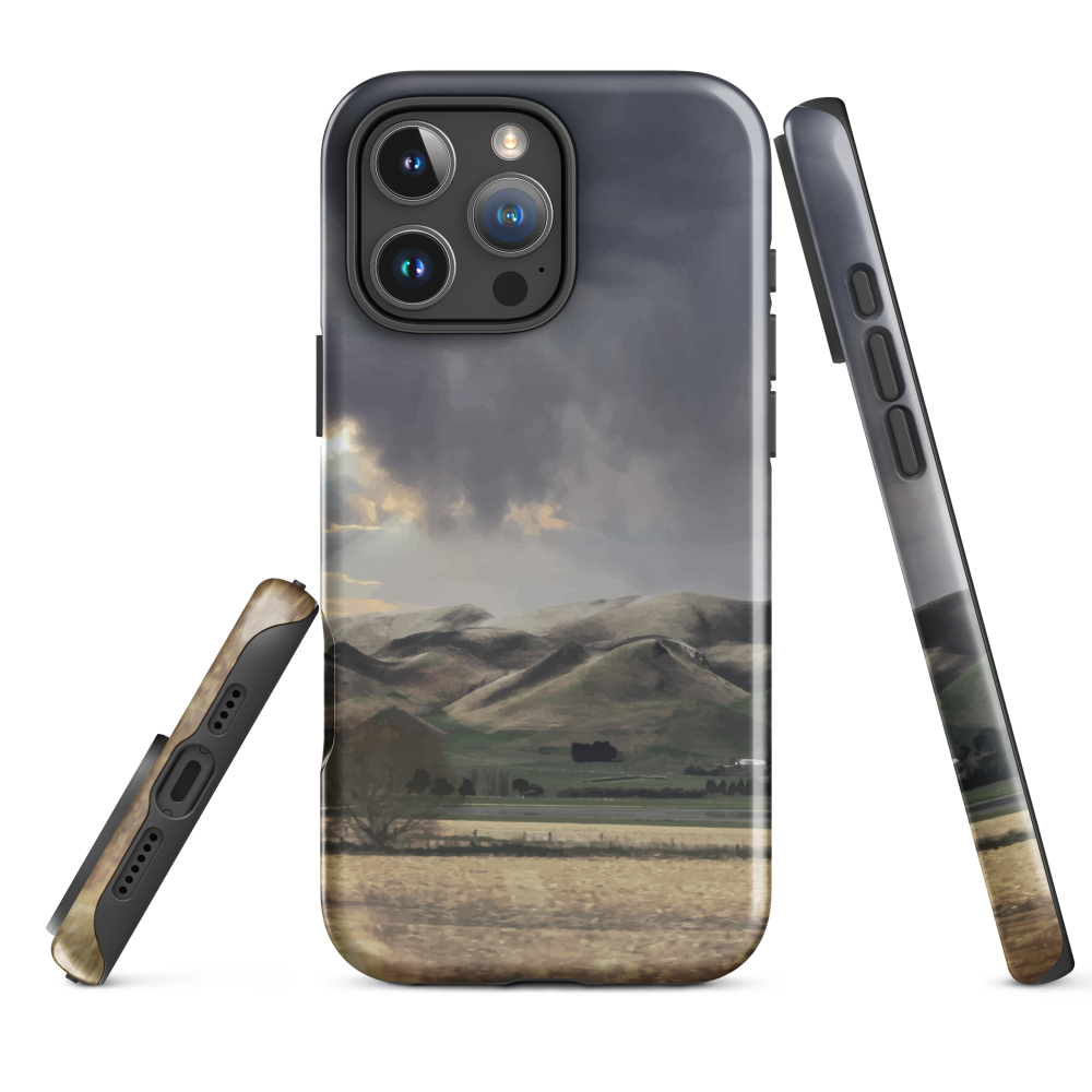 Designer phone case with NZ landscape painting of Te Hauke and cloudy skies by Ben Hart.