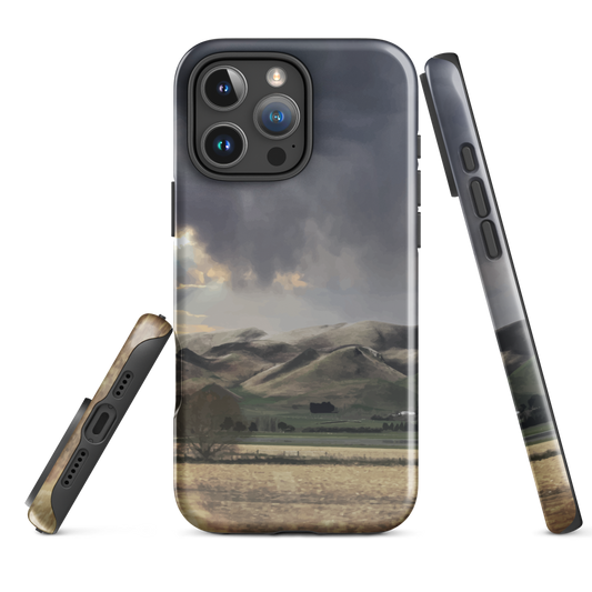 Designer phone case with NZ landscape painting of Te Hauke and cloudy skies by Ben Hart.