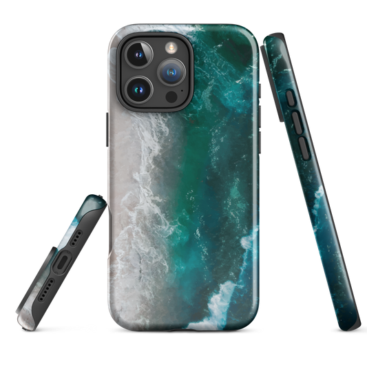 Ocean wave phone case with abstract beach design in teal and white, by NZ artist Ben Hart.