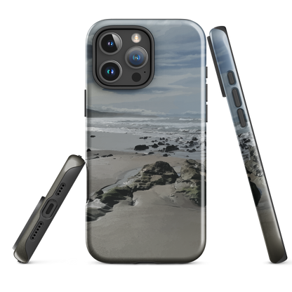 Phone case with artwork of Riversdale Beach, Masterton – rocks, waves and sky by NZ artist Ben Hart.