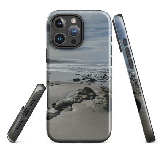 Phone case with artwork of Riversdale Beach, Masterton – rocks, waves and sky by NZ artist Ben Hart.