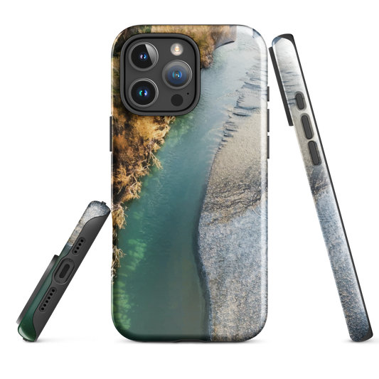 Phone case with aerial riverbend artwork and earthy tones, designed by New Zealand artist Ben Hart.