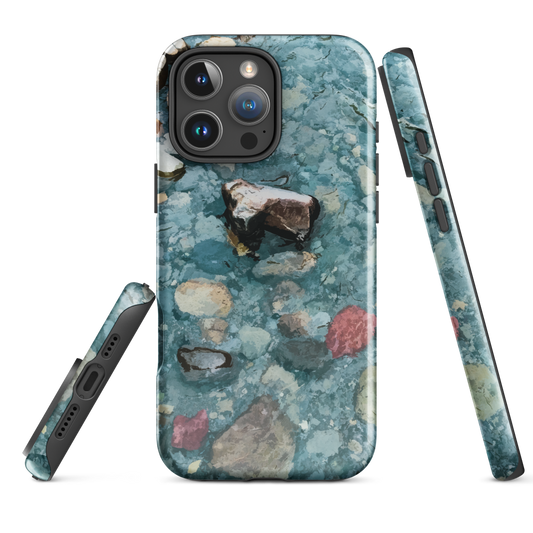 Washed Away designer phone case with abstract river stone artwork in earthy blues and natural tones.