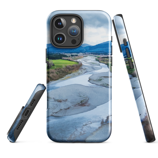 Waiohine phone case featuring artwork of New Zealand’s braided riverbed landscape in the Wairarapa.