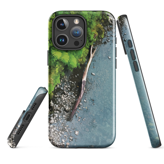 Resting Place phone case with aerial artwork of river rocks, green bush, and driftwood in a New Zealand stream.