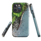 Resting Place phone case with aerial artwork of river rocks, green bush, and driftwood in a New Zealand stream.