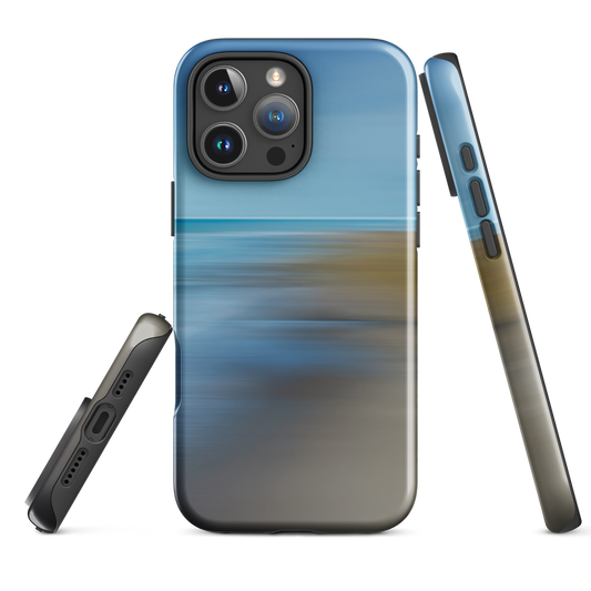 Ocean Breeze phone case with abstract blue and sandy tones inspired by sea and sky.