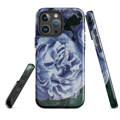 Designer phone case with a bold blue rose artwork and glossy finish.