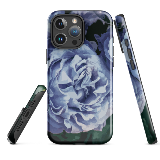 Designer phone case with a bold blue rose artwork and glossy finish.