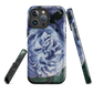 Designer phone case with a bold blue rose artwork and glossy finish.