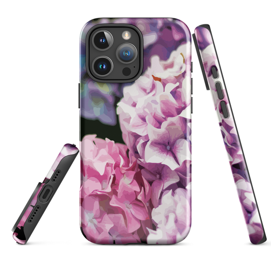 Designer phone case with pink and purple hydrangea floral artwork.