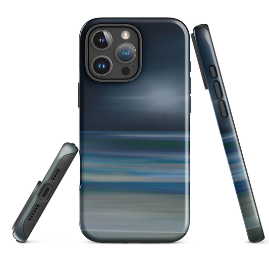 Dark abstract phone case with blue and grey streaks and glossy finish.