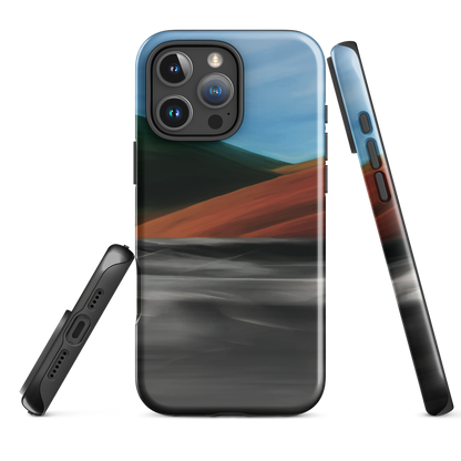 Phone case with abstract red, green, and blue heat wave landscape design.