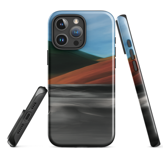 Phone case with abstract red, green, and blue heat wave landscape design.