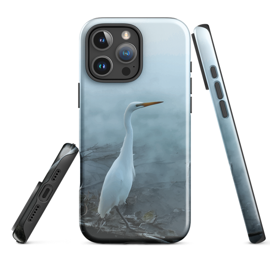 Phone case with a white heron standing in a misty wetland scene.