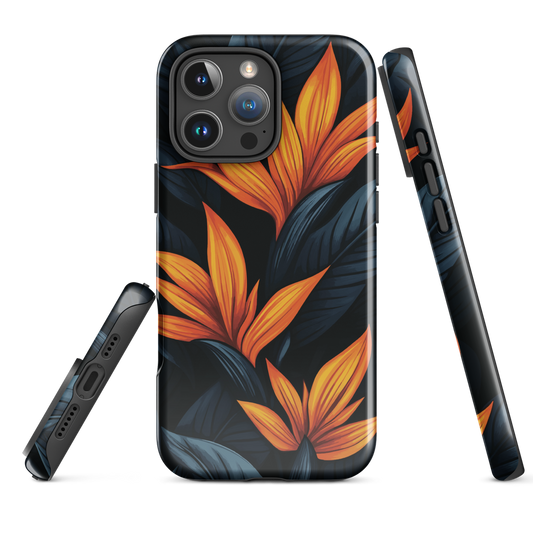 Phone case with bold orange bird of paradise flowers on dark background.