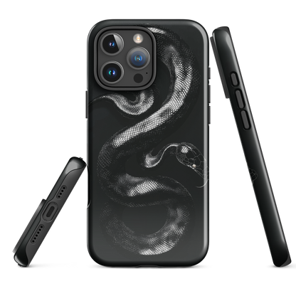 Phone case with detailed black python design on dark background.