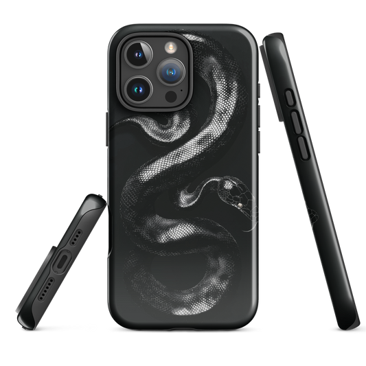 Phone case with detailed black python design on dark background.
