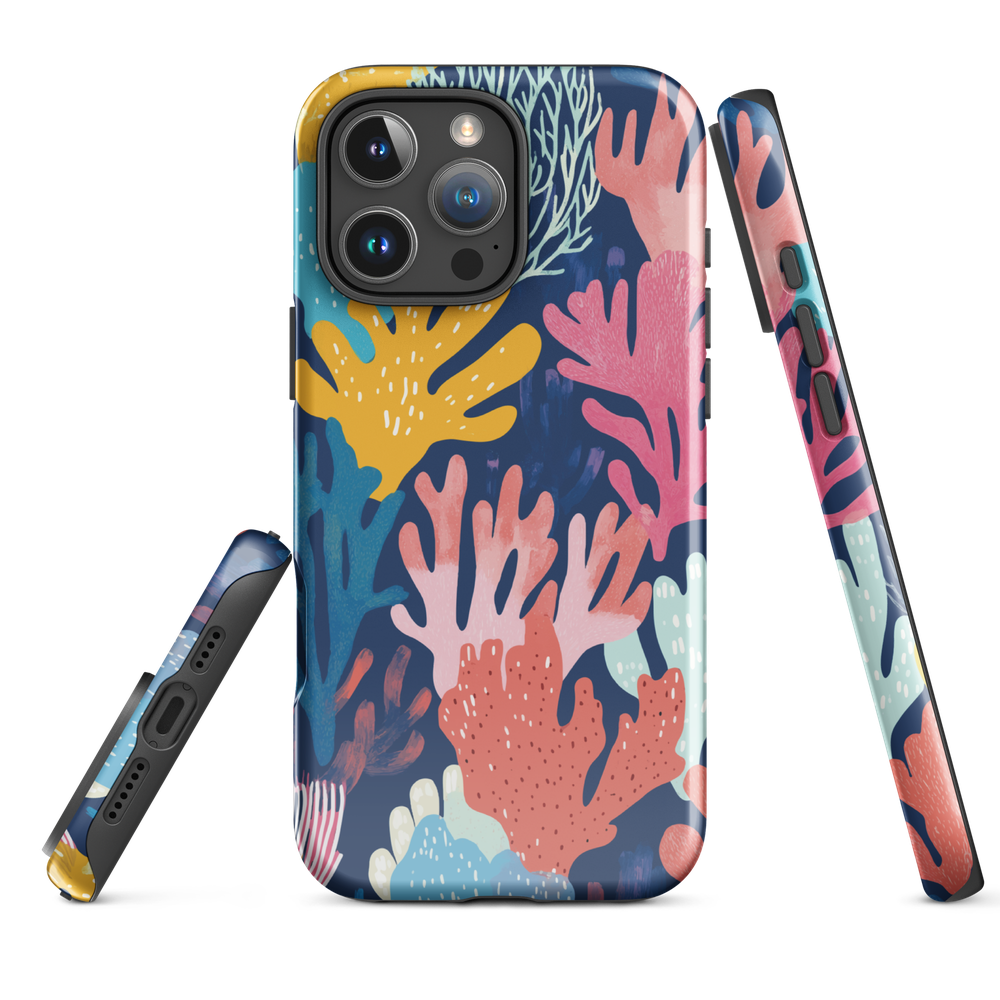 Colourful coral reef phone case design in pink, blue and yellow by NZ artist Ben Hart