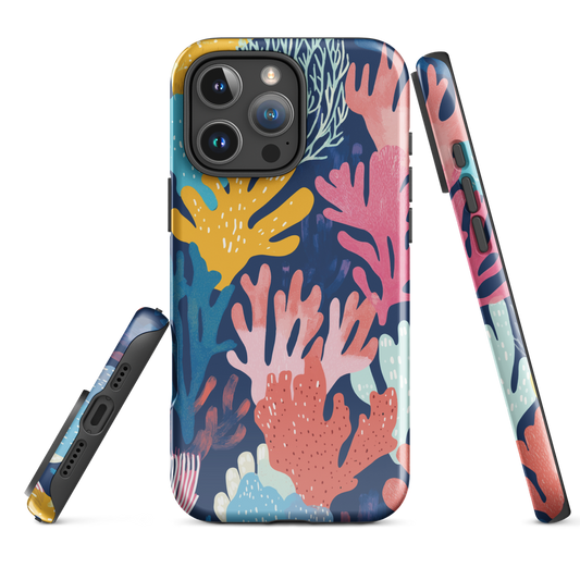 Colourful coral reef phone case design in pink, blue and yellow by NZ artist Ben Hart