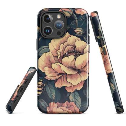 Phone case with vintage-style pink roses and bees on dark background, floral New Zealand artwork.