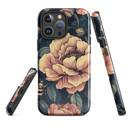 Phone case with vintage-style pink roses and bees on dark background, floral New Zealand artwork.