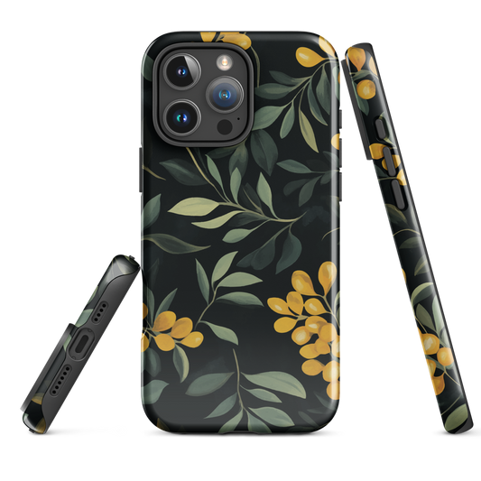 NZ Kowhai phone case with native yellow floral and green leaves on black background by designer Ben Hart.