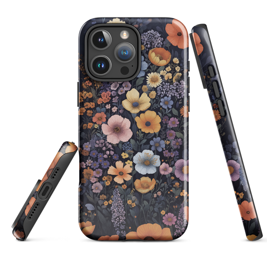Phone case with colourful wildflowers on dark background, floral art design