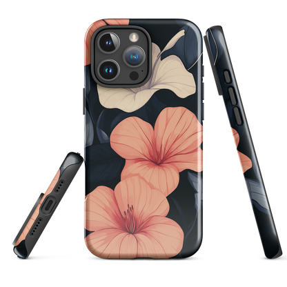 Phone case with coral hibiscus flowers and ivory blooms on dark background