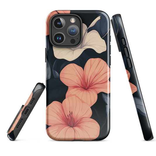 Phone case with coral hibiscus flowers and ivory blooms on dark background