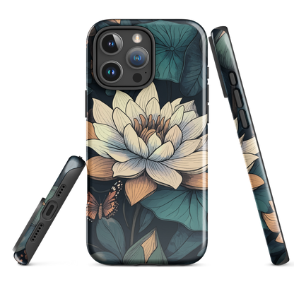 Phone case with ivory water lily, green leaves, and butterfly accents on dark background