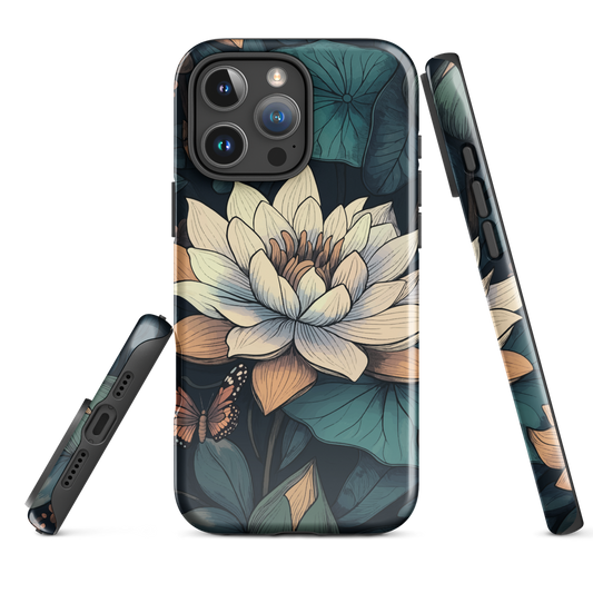 Phone case with ivory water lily, green leaves, and butterfly accents on dark background
