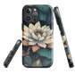 Phone case with ivory water lily, green leaves, and butterfly accents on dark background