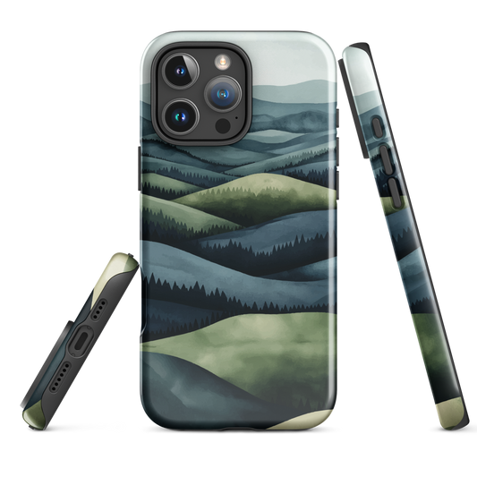 Phone case with layered mountain and forest landscape in blue and green hues