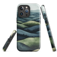 Phone case with layered mountain and forest landscape in blue and green hues