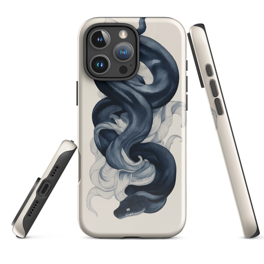 Phone case with black python and smoke design on cream background