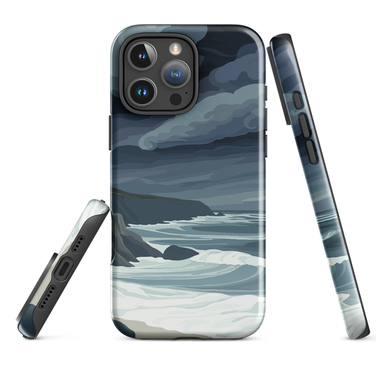 Phone case featuring moody Cape Kidnappers coastline with crashing waves and dark skies