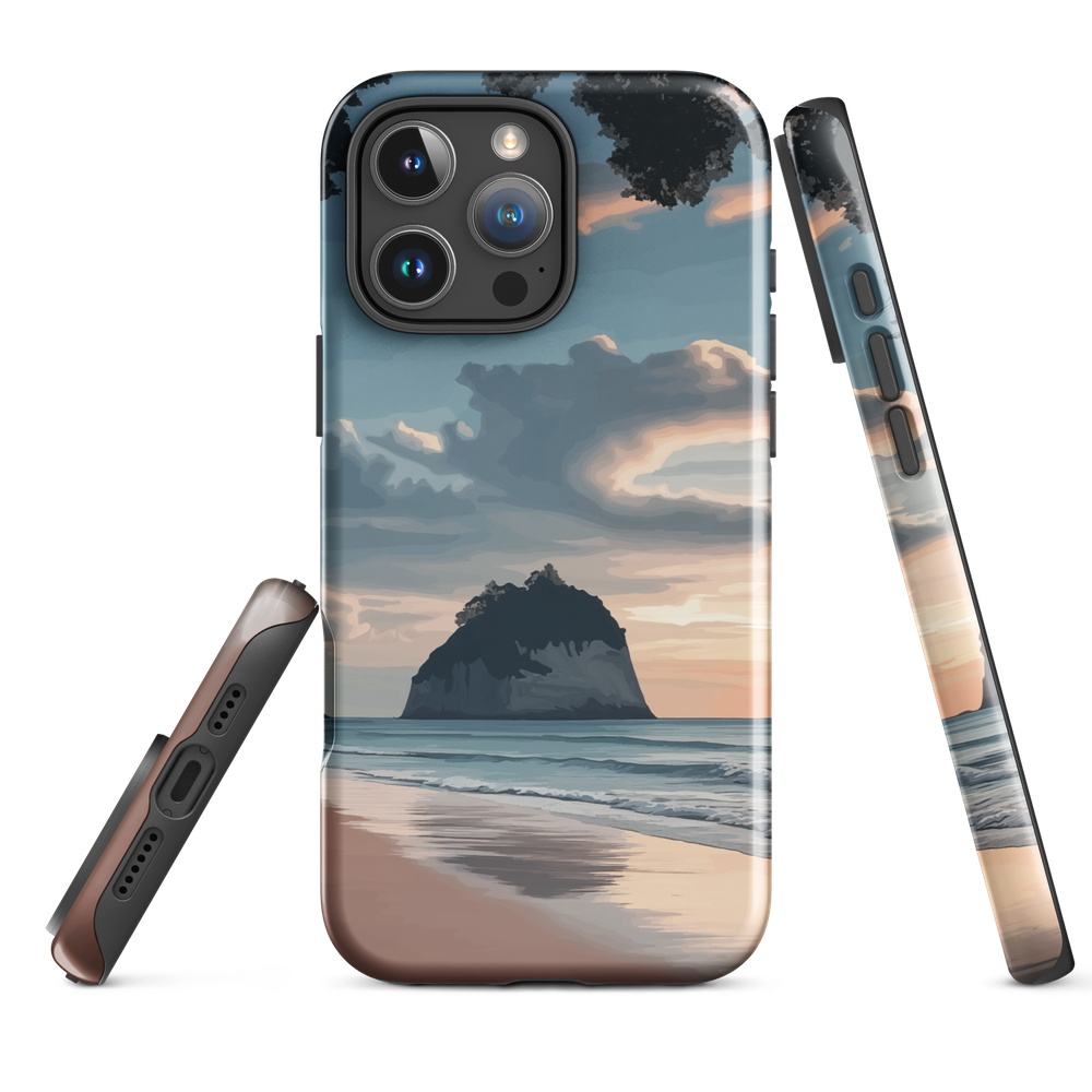 Phone case with Cathedral Cove beach and sunset scene, featuring soft skies and sea stack