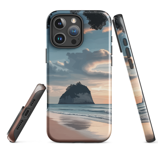Phone case with Cathedral Cove beach and sunset scene, featuring soft skies and sea stack