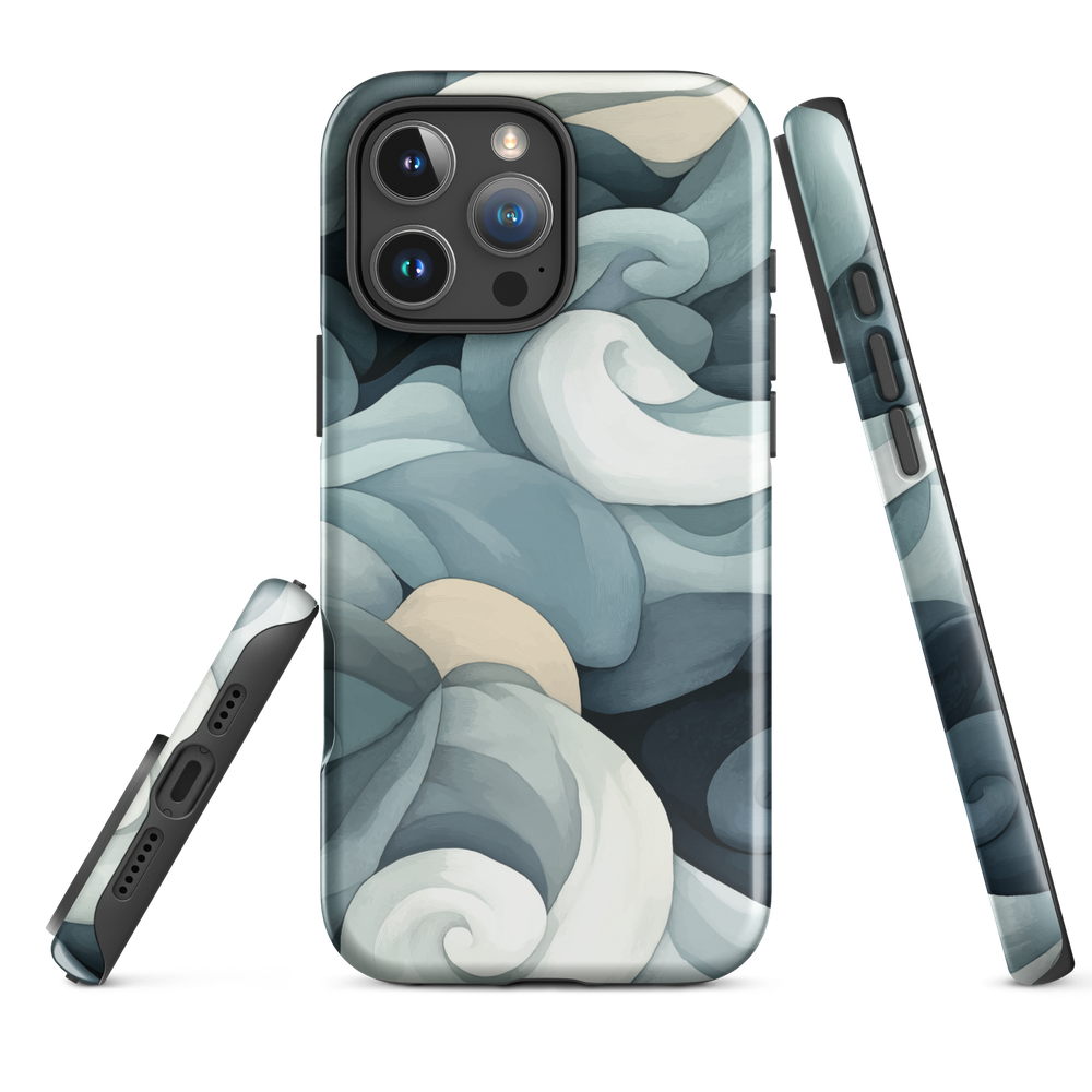 Phone case with abstract swirling ocean waves in blue and cream