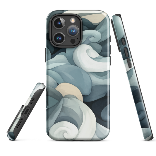 Phone case with abstract swirling ocean waves in blue and cream
